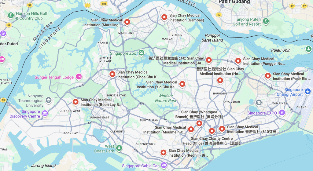 a google map screenshot of Sian Chay clinic locations